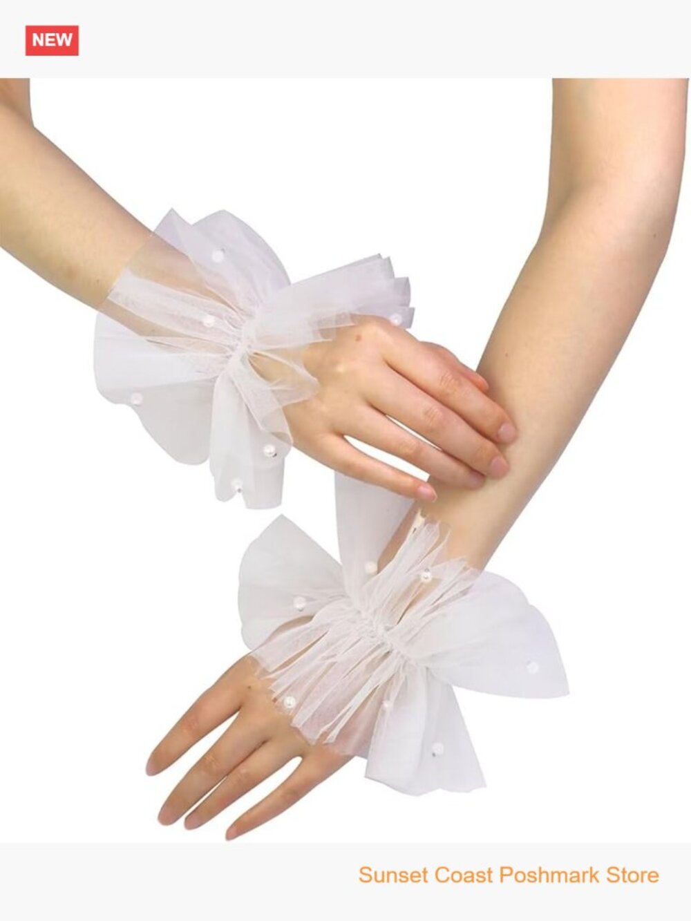 Fingerless Mesh Tulle Gloves with Pearl Trim Lace Arm Sleeves for Wedding Party